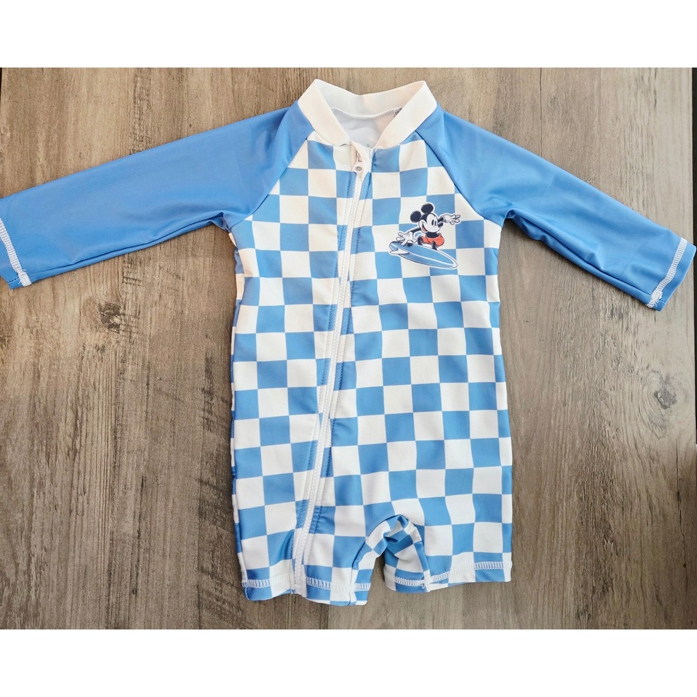 Disney Baby Mickey Mouse Surfing Rash Guard Swimsuit Checkered 9M
